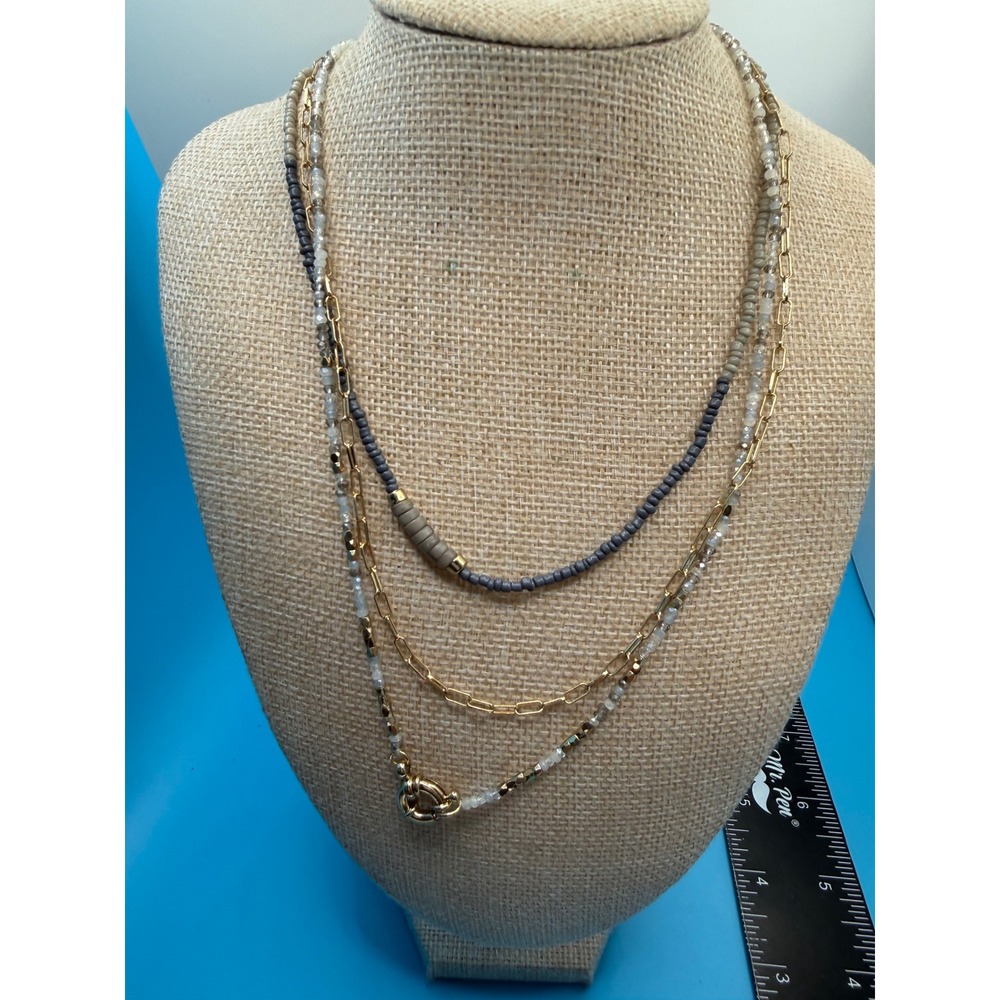 Gold Tone Multi Strand Layered Necklace Grey Seed Bead Paperclip Chain Boho